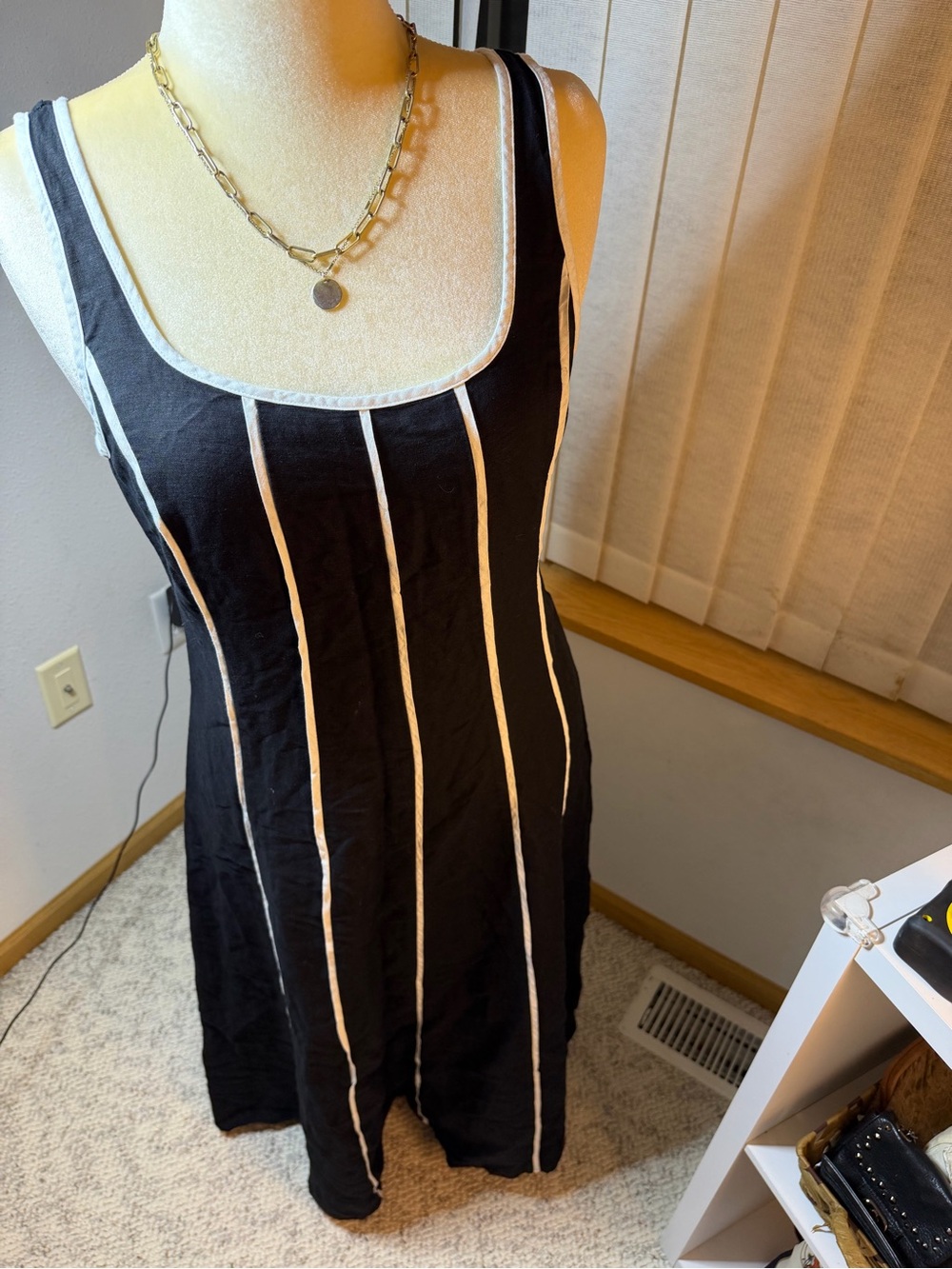 LOFT Black Midi Dress with White Vertical Trim